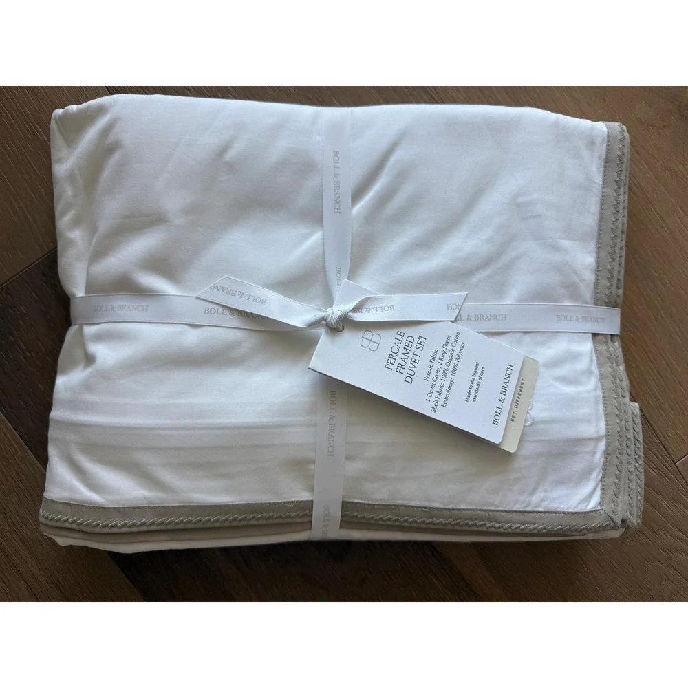 New Boll & Branch Luxury Framed Percale Queen Duvet Set White & Oak